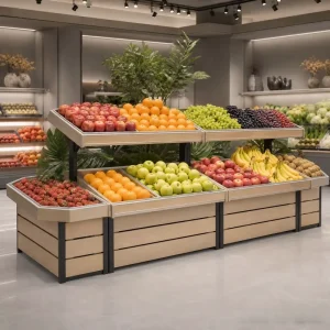 Custom Modular Fresh Produce Display Table Collapsible Portable Fruit Vegetable Wooden Market Stall Stand for Supermarket