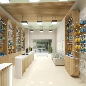 Custom Pharmacy Wall Display Cabinet with LED Lighting Medical Retail Store Fixtures Design Waterproof Eco Friendly