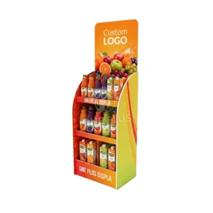 Custom Printed 3 Tiers Paper Floor Display Stand for Fruit Juice Drinks Supermarket Beverage Promotion Cardboard Display Rack