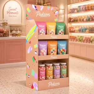 Custom Printed Cardboard Multi-tier Floor Display Stand for Freeze Dried Sweets Confectionery Snack POP Rack