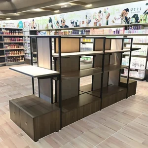 Custom Retail Display Gondola Shelving Rack For Cosmetics Supermarket & Grocery Light For Shop Storage
