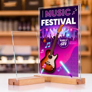 Custom Size 3+3mm Acrylic Sign Holder with Wooden Base Double Slot Display Stand for Two-Sided Presentation