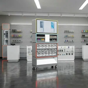 Custom Smoke Shop Floor Display with Large Video Screen and Honeycomb Pusher System Tobacco Shop Display Furniture