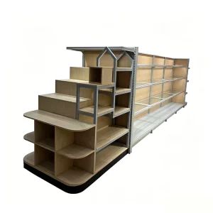 Custom Steel Wood Supermarket Shelving Double sided Island Display Rack Multi tiered Shelf Convenience Stores Hook equipped Rack
