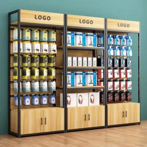 Custom Store Light Duty Metallic Supermarket Shelves Baby Beauty Wood Iron Mobile Phone Accessories Display Stand Cabinet