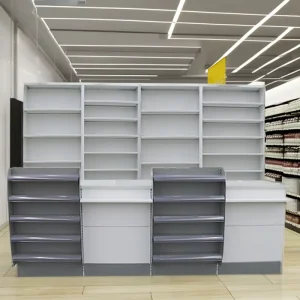 Custom Wooden Checkout Counter Designed for Convenience Stores Cashier Shelves From Jiangsu Available for Sale