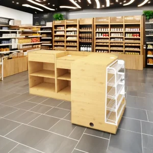 Custom Wooden Checkout Counter Designed for Convenience Stores Cashier Shelves from Jiangsu Available for Sale