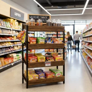Custom Wooden Snack Display Rack for Supermarket Weekend Deals, Convenience Stores and Gourmet Food Retail Showrooms