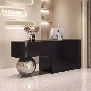 Custom Wooden Spa Salon Front Counter Stainless Steel Ball Clothing Checkout Black Reception Desk