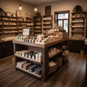 Custom Wooden Store Display Shelves and Island Table Fixtures for Soap Cosmetics and Gift Shops