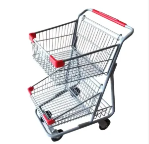 Customizable Black Metal Powder Coating Four Wheel Shopping Cart With Double Basket Foldable Design