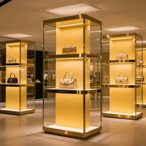Customizable Color and Size L Shape Retail Display Rack Glass Back LED Lighting Multi Finish Options Promotional Showcase Storage