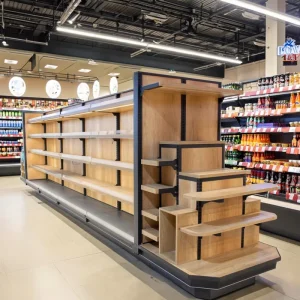 Customizable Double-Sided Supermarket Rack Light Duty Metal Wood Wall Gondola Shelving Retail Display