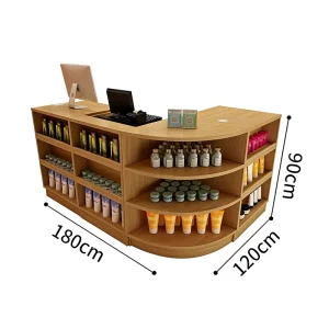 Customizable L Shaped Wooden Checkout Counter with Built In Multi Tier Display Shelves for Cafe and Retail Store