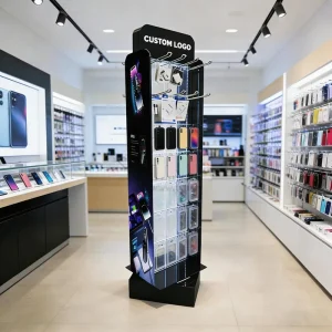 Customize Four Sided Rotating Acrylic Phone Accessories Display Stand Custom Hook Shelf Retail Rack Phone Cases Chargers Cables