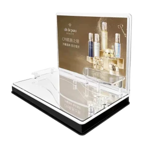 Customized Acrylic Perfume Display Stand Acrylic Cosmetics Display Stand with Back Advertisement Sign Holder