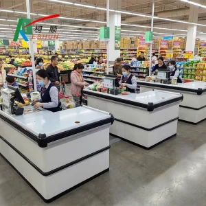 Customized Color Modern Design High Quality Grocery Supermarket Checkout Counter with Useful Storage Space
