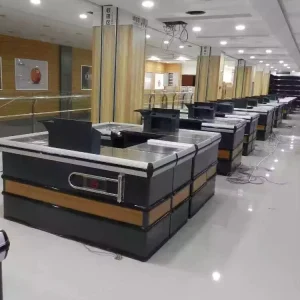 Customized Design Grocery Store Cash Counter Fashion Retail Checkout Desk with Modular Storage