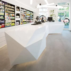 Customized Diamond Surface Design Cashier Reception Desk White Corians Shop Checkout Counter Office Desk