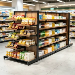 Customized Double-Sided Supermarket Gondola Shelving Steel Metal Wood Display Rack 2000mm Width 300mm Depth 50mm Height for
