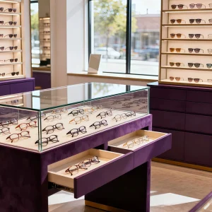 Customized Durable Eco Friendly Wooden Eyewear and Sunglass Display Shelves LED Lighting for Optical Stores