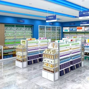 Customized Eco Friendly Recyclable Gondola Display Rack for Pharmacy Interior Furniture Design LED Lighting One Stop Service