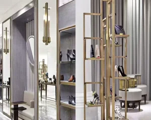 Customized Golden Shoe Display Racks with LED Spotlight Eco Friendly Modern Design for Women’s Shoe Store Fixtures