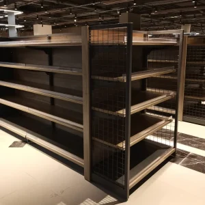 Customized Heavy Duty Steel Gondola Shelving Wood Color Display Stand Supermarket Store Equipment Commercial Rack