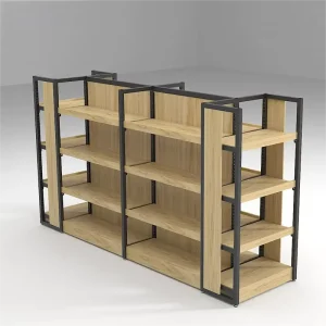 Customized Light Duty Double Sided Gondola System Supermarket Display Stand with Wooden Metal Material Convenience Store Shelves