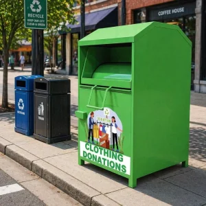 Customized Logo Standing Steel Clothes Donation Drop off Bin Outdoor Use Clothing Recycling Bins