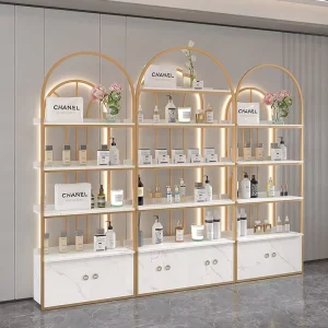 Customized Luxury Cosmetic Display Cabinet with LED Lights Arch Metal Beauty Salon Skincare Showcase Retail Display Rack