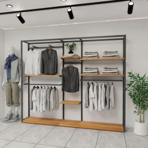 Customized Mobile Wall Mounted Clothing Display Stand with Lights for Clothing Store Use