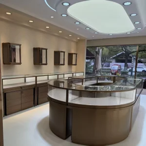 Customized Modern Luxury Floor Standing Jewelry Store Fixture Glass Wood Cabinet Jewelry Display Stands LED Lighting