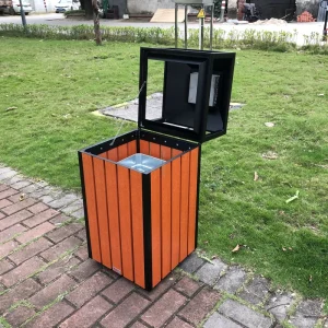 Customized Outdoor Wood and Metal Steel Trash Sorting Garbage Recycle Bin Clear Public Waste Bin