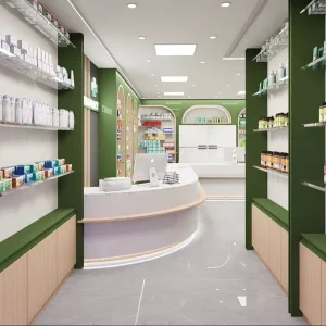 Customized Pharmacy Store Fixture LED Wall Mounted Display Island Counter for Pharmacy Displays