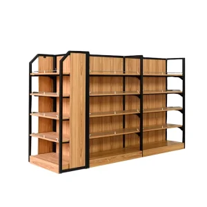 Customized Retail Store MDF Wood Shelving Supermarket Store Display Metal Shelf Rack Grocery Wooden Gondolas