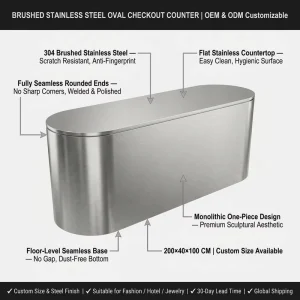 Customized Silver Stainless Steel Mirror Surface Checkout Counter for Companies Garment Shop Clothing Stores Hotels