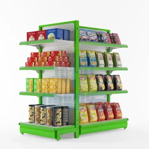 Customized Steel Grocery Store Display Shelves Double Sided Snack Food Beverage Stand Supermarket Gondola Shelving