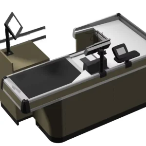 Customized Supermarket Cashier Desk Steel Checkout Counter with Storage for Retail Stores and Convenience Shops