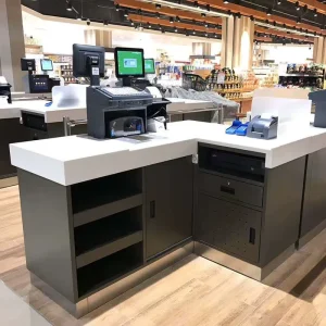 Customized Supermarket Checkout Counter Cashier Table with Powder Coated Finish ISO Certified for Convenience Stores