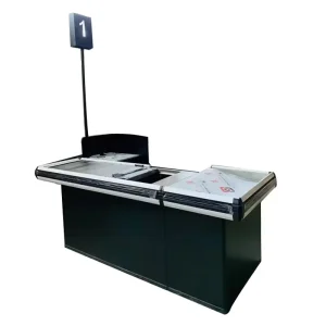 Customized Supermarket Pos Checkout Counter With Rotating Bag Holder Cash Checkout Counter