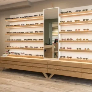 Customized Washable Modern Wooden LED Lit Eyewear Store Fixtures Sunglasses Wall Display Shelf Adjustable Height Retail