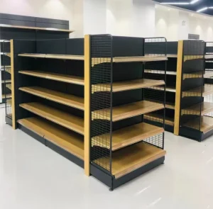 Customized Wood Grain Painting Gondola Shelving Supermarket Display Rack Metal Equipment Rack Shelving