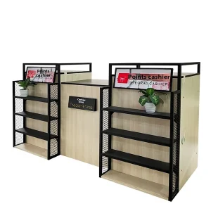 Display Eco Friendly Heavy Duty Retail Cosmetic Store Cashier Counter Flame Retardant Wooden Cabinet Adjustable Shelves