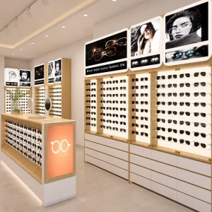 Display Rack Eyewear Wall with LED Backlight and High Capacity Slots Wood White Optical Store Furniture for Glasses Brand Shop