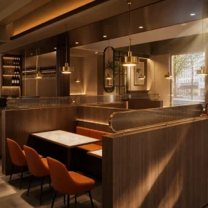 Display Rack Open Wine Shelf and Ribbed Wood Bar Counter Full Set Walnut Restaurant Booth Seating Furniture for Modern Bistro