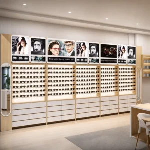 Display Rack Optical Store Furniture Set with Backlit Glasses Wall Curved Marble Top Counter and Brand Lightbox for Eyewear