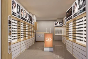 Display Rack Optical Wall Furniture with LED Backlit Glasses Slots Curved Reception Desk and Island Stand for Eyewear Shop