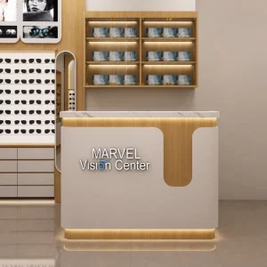 Display Rack Sunglasses Wall Unit with LED Warm Backlight and Brand Ad Lightbox Complete Oak White Optical Store Fixture Counter