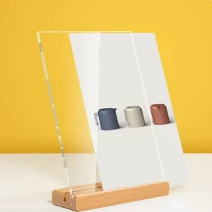 Double Sided Acrylic Menu Sign Holder 2mm Thick Eco Friendly Display Stand with Wood Base for Retail Store Display